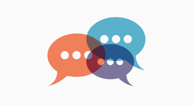 Three colorful overlapping speech bubbles symbolizing conversation, brainstorming, community discussion, or social media interaction.