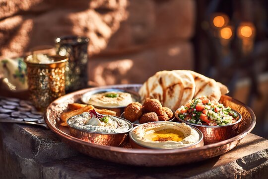 Middle eastern food platter with hummus, falafel, baba ghanoush, and tabouli for a traditional mezze dining experience
