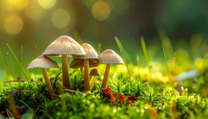 Tiny mushrooms grow forest