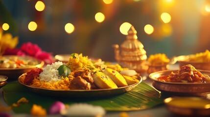 inviting Iftar table with a rich assortment of Middle Eastern and South Asian dishes, including hummus, grilled meats, on blurred background