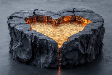 Heart-Shaped Lava Pool Surrounded by Cracked Stone on a Dark Gray Surface