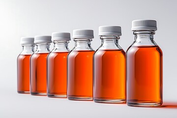 Glass Bottles Filled with Amber Liquid in a Row on a Bright Background