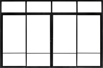 Obraz premium Real modern black store front double glass door window frame isolated on white background