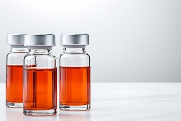 Three glass vials with clear liquid on a white marble surface in bright light setting