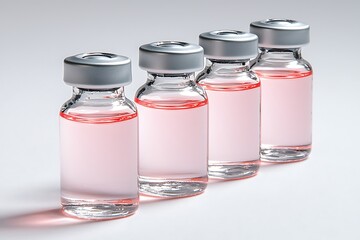 Glass vials containing liquid medicine with pink color on a clean white background