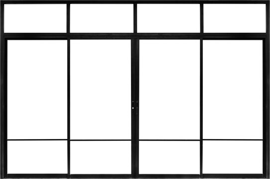 Real modern black store front double glass door window frame isolated on white background