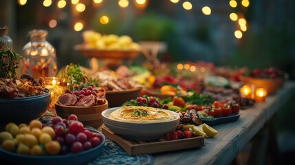 inviting Iftar table with a rich assortment of Middle Eastern and South Asian dishes, including hummus, grilled meats, on blurred background