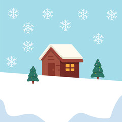 Winter house covered in snow vector illustration with cozy landscape background