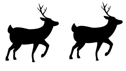 Black silhouette of a walking deer with antlers against a minimalist black and white background