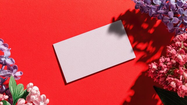 Blank rectangular paper rests on vibrant red surface surrounded by colorful blooming flowers - Powered by Adobe