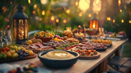 A warm and inviting Iftar table with a rich assortment of Middle Eastern on blurred background