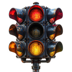 Weathered traffic light displaying red and yellow signals, with a black background