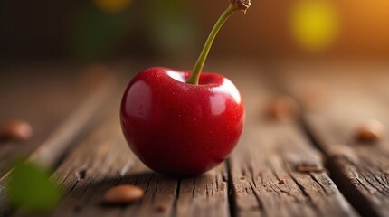 Single red cherry on wooden surface fruit stem