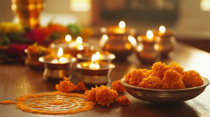A warm, inviting setting with a traditional vegetarian Gudi Padwa/Ugadi feast  on blurred background
