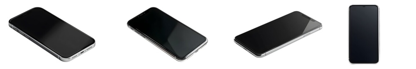 Set of smartphones with blank screens, isolated on transparent background