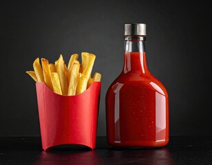 Crispy golden fries in red container beside ketchup bottle, dark background