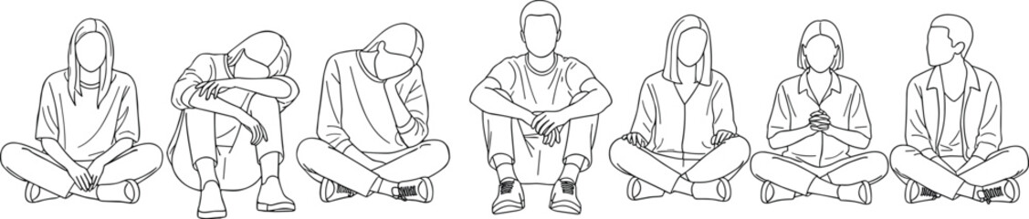 Set of seven line art vectors showing people sitting cross-legged on the floor in various casual and pensive poses, isolated on white.
