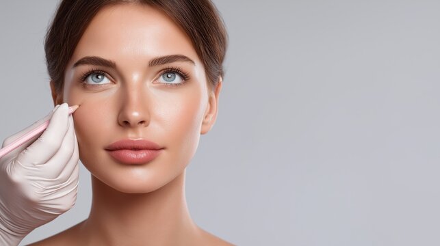 White woman undergoes facial marking for cosmetic procedure related to dermatology, beauty care, aesthetic correction and medical consultation. Image applies to skincare clinics, injection planning