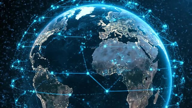 Global digital network connecting the planet, illustrating advanced technology and data flow across the world
