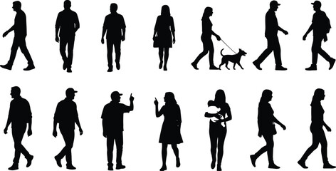 Set of walking and standing human silhouettes, including men, women, and a woman with a dog, isolated on white background.