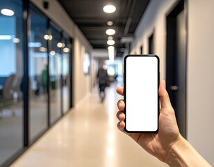 Hand holds phone w/ blank screen in office hallway with blurred person