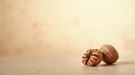 Two brown nuts on textured surface walnuts food
