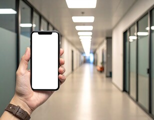 Hand holding blank phone screen, corridor blurred in background