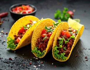Three golden tacos overflowing with seasoned meat and fresh toppings