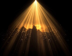 Golden light beams illuminate silhouetted shapes against a dark backdrop