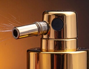 Macro shot of a golden perfume sprayer expelling a fine mist