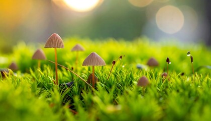 Tiny mushrooms in green moss