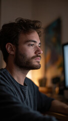 Fototapeta premium Focused freelancer, home office, computer, beard, casual