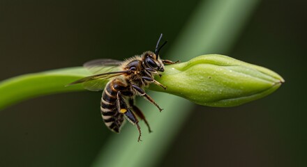 新緑が鮮やかな季節の早朝柔らかな自然光が降り注ぐ中で緑のつぼみにそっと止まり羽を休める縞模様の小さな蜂の魅力的なクローズアップ. AI Generated