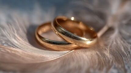 Two polished golden wedding bands rest delicately upon a soft, light-colored feather.
