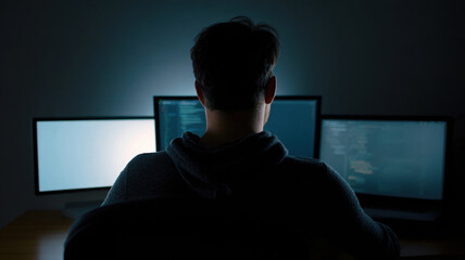 Late night programmer dark office code screen focused mood
