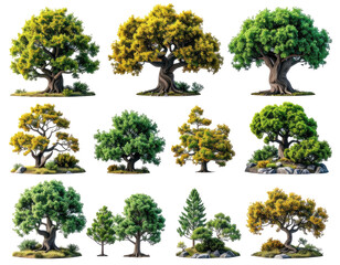 Colorful rendered tree illustrations on black background