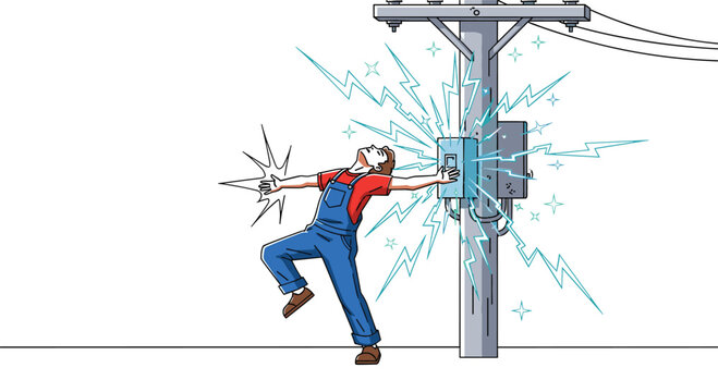 Electric Shock and Electrical Safety Hazard Vector Illustration of Worker Accident, High Voltage Power, Utility Pole, and Workplace Danger