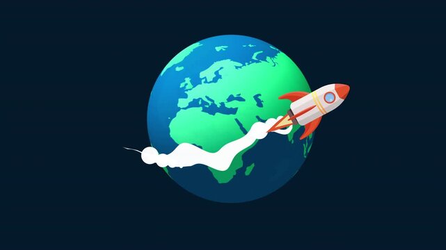Animated rocket launcher with  around of the world, cartoon style, suitable business concept, success,start up or growth business  and plan Innovation, alpha channel only 4k. 
