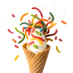 Exploding Candy Sprinkles Ice Cream Cone on transparent background