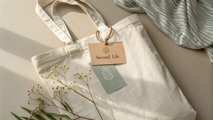 Creamy Tote Bag With a Fabric Tag Promoting Second Life