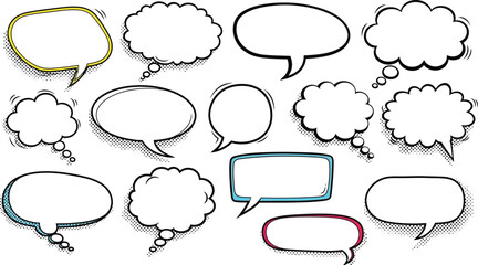 Vector set of comic speech bubbles and cartoon thought clouds featuring colorful talk balloon icons and dialog box shapes for communication design illustration