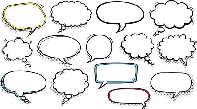 Vector set of comic speech bubbles and cartoon thought clouds featuring colorful talk balloon icons and dialog box shapes for communication design illustration