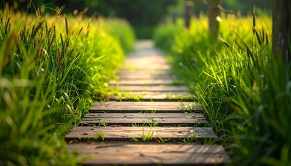 Wooden path in bright grass