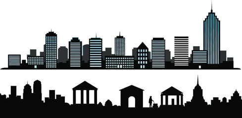 Obraz premium New York City skyline silhouette featuring iconic skyscrapers and urban architecture in a black vector illustration of the famous USA landmark downtown landscape