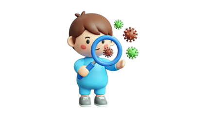 Cartoon Boy Examining Viruses with Magnifying Glass