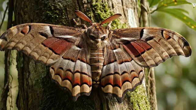 Giant Atlas Moth resting on a mossy tree trunk