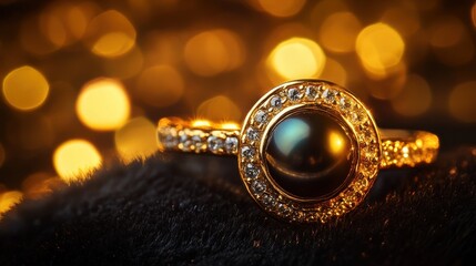 An elegant black pearl and gold ring, artistically placed  on blurred background
