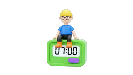 Cartoon Character Sitting on Alarm Clock at 7:00 AM