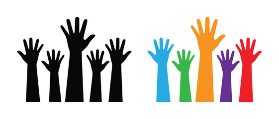 Diverse group of hands raised in unison symbolizing unity participation and collective voice vector