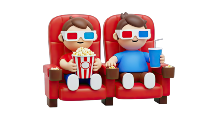 Cartoon Characters Enjoying a Movie with Popcorn and Drinks